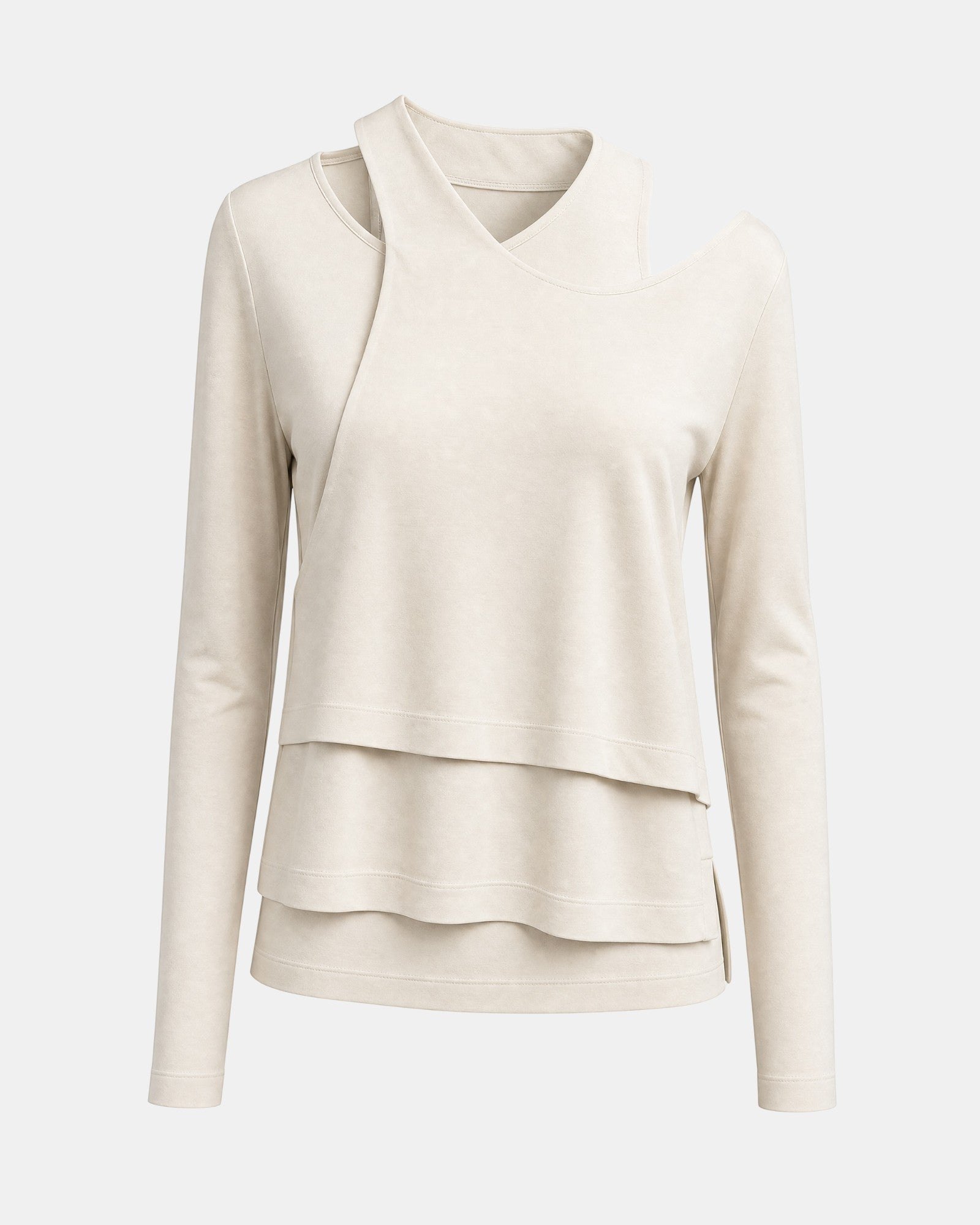LEEZZA LOTUS EATERS APOPSIS beige long-sleeve jersey top with asymmetrical layered front and cut-out neckline