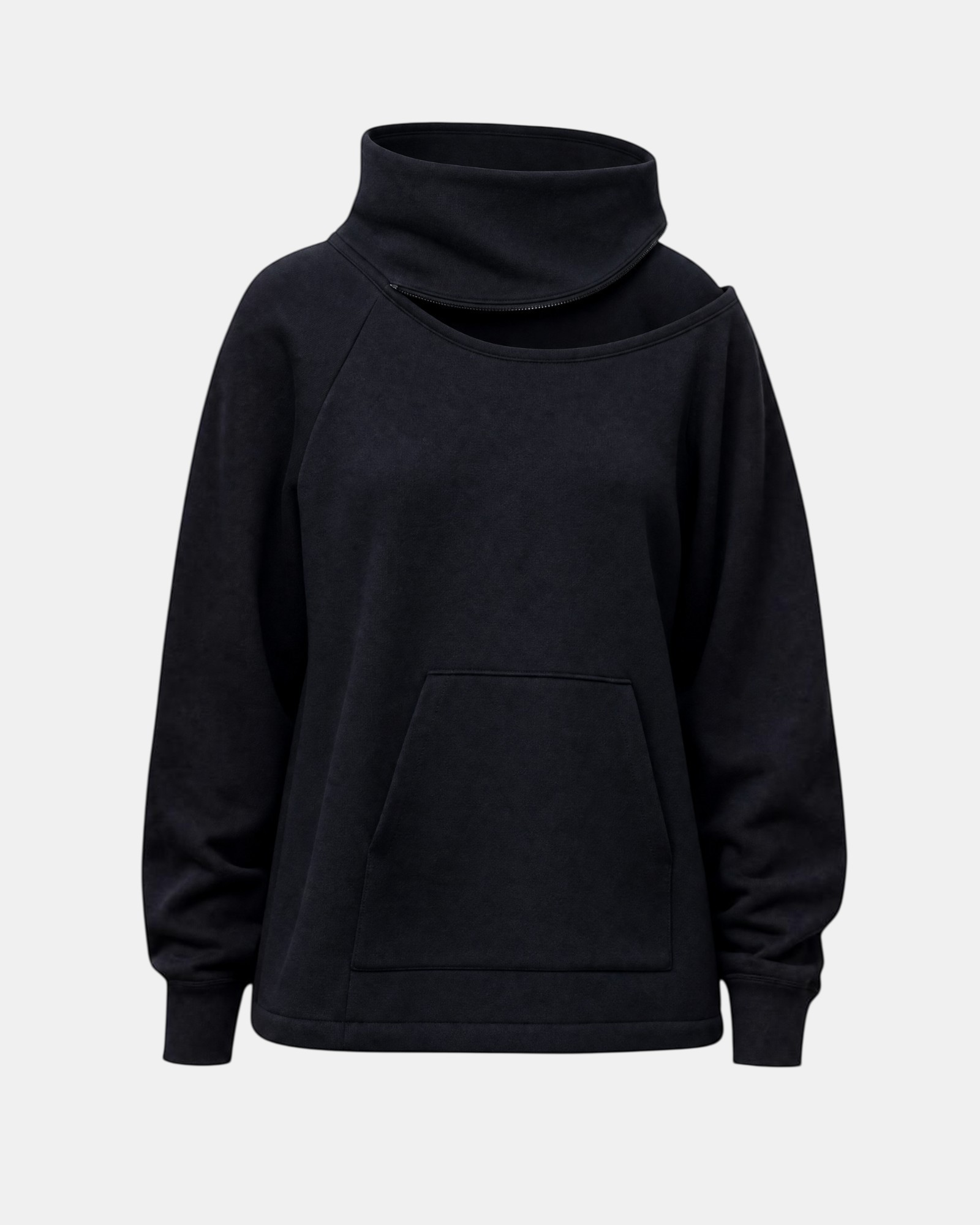 LEEZZA LOTUS EATERS ENOSIS schwarzer Pullover mit großem Schalkragen, Frontreißverschluss und aufgesetzter Fronttasche.