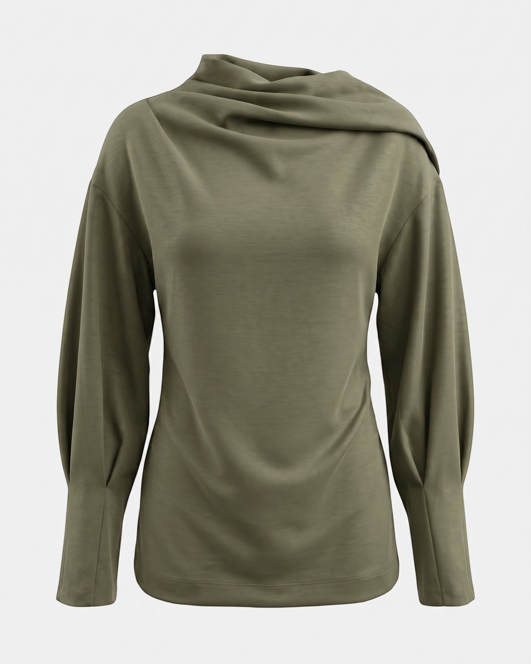 LEEZZA LOTUS EATERS ANAMONI olive green modal jersey pullover with an asymmetrical cowl neck and puffed sleeves.