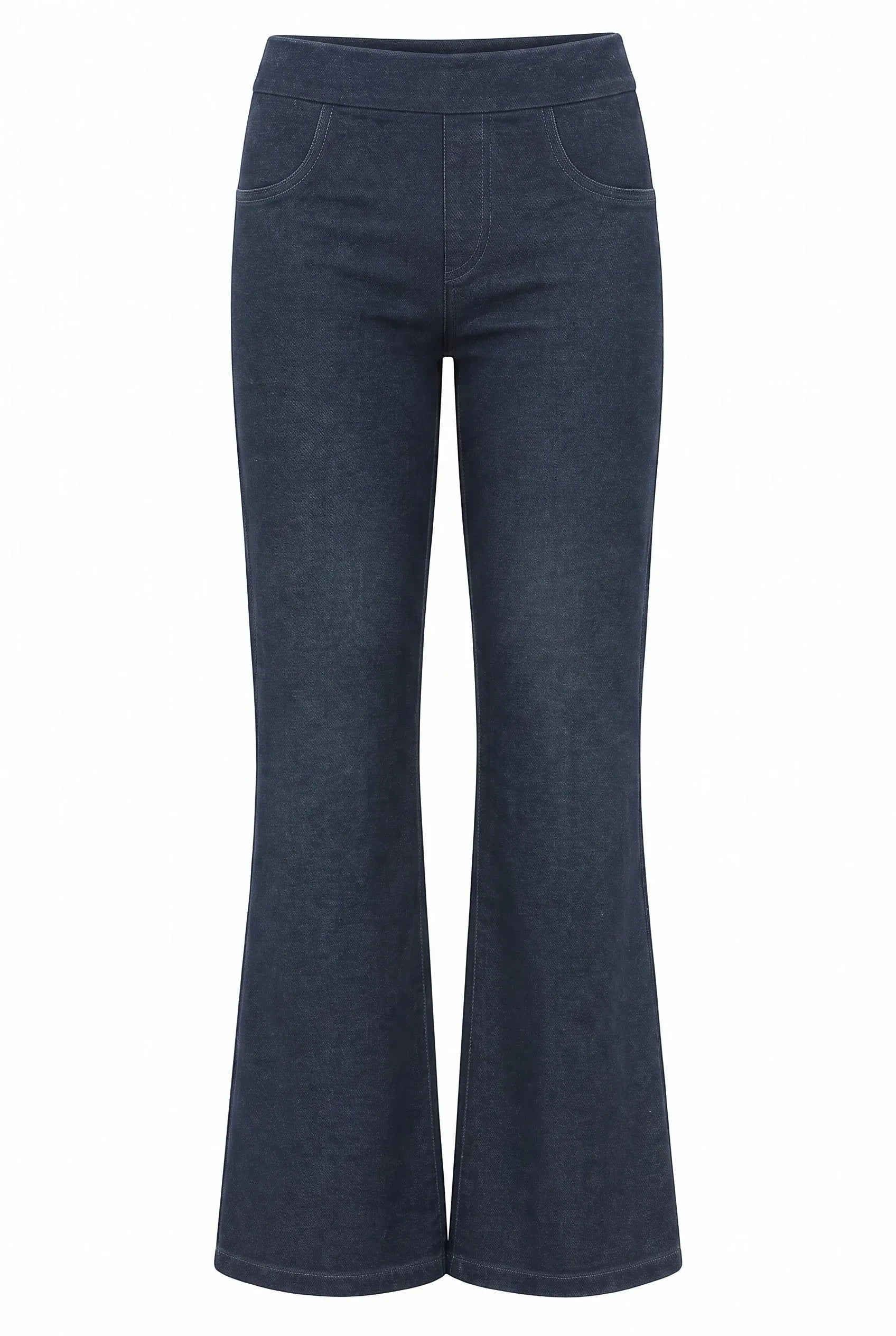 LEEZZA LOTUS EATERS STONIAN dark denim pull-on trousers with a slim fit and flared legs, featuring an elastic waist.