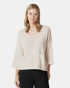 LEEZZA beige cotton-blend pullover with V-neck, 3/4 sleeves, and a chest pocket.