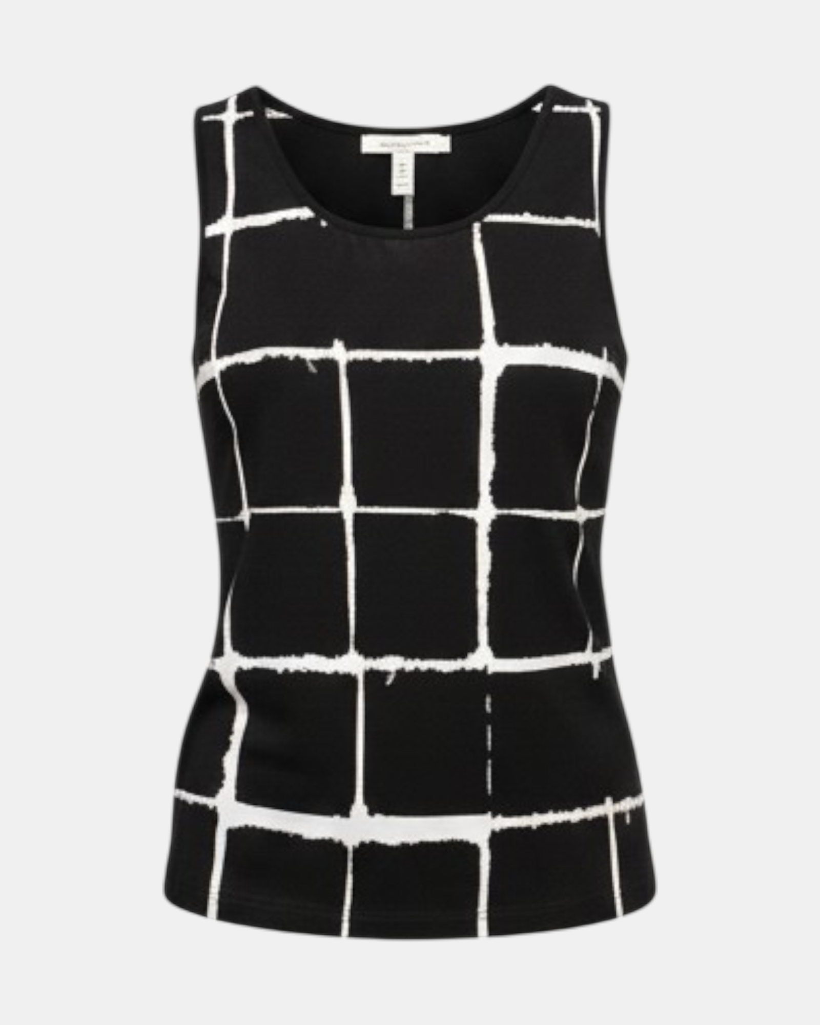 LEEZZA black viscose jersey tank top with abstract white grid pattern and round neck.