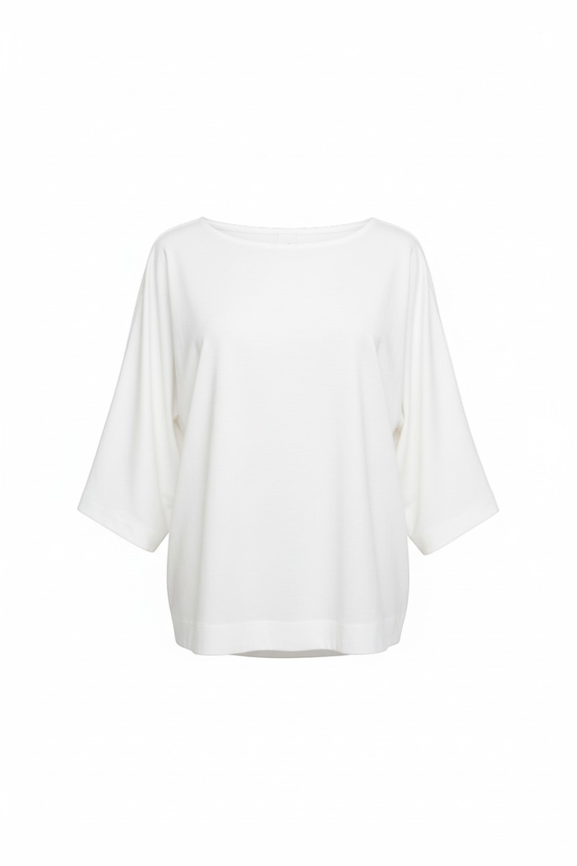 LEEZZA white cotton jersey oversized top with round neck and elbow-length sleeves