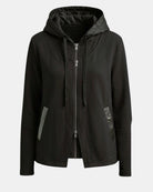LEEZZA AMBER & MOON DANA black hooded jacket with double zipper, terry fabric, and crinkled nylon details.
