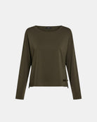 LEEZZA Amber & Moon DANI long-sleeve boxy pullover in olive green scuba fabric with a round neckline and side slits.