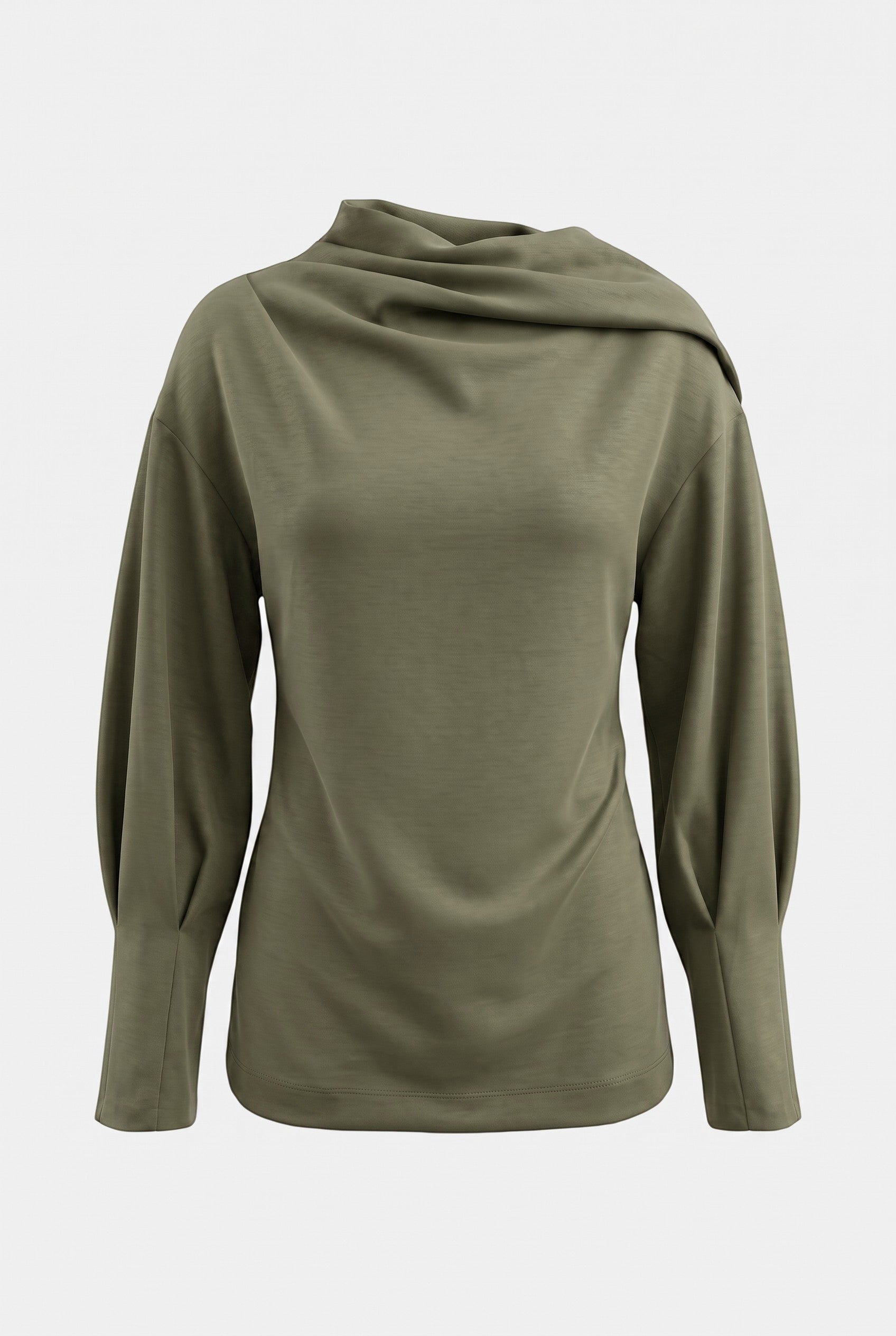 LEEZZA LOTUS EATERS ANAMONI olive green modal jersey pullover with an asymmetrical cowl neck and puffed sleeves.