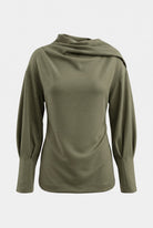 LEEZZA LOTUS EATERS ANAMONI olive green modal jersey pullover with an asymmetrical cowl neck and puffed sleeves.