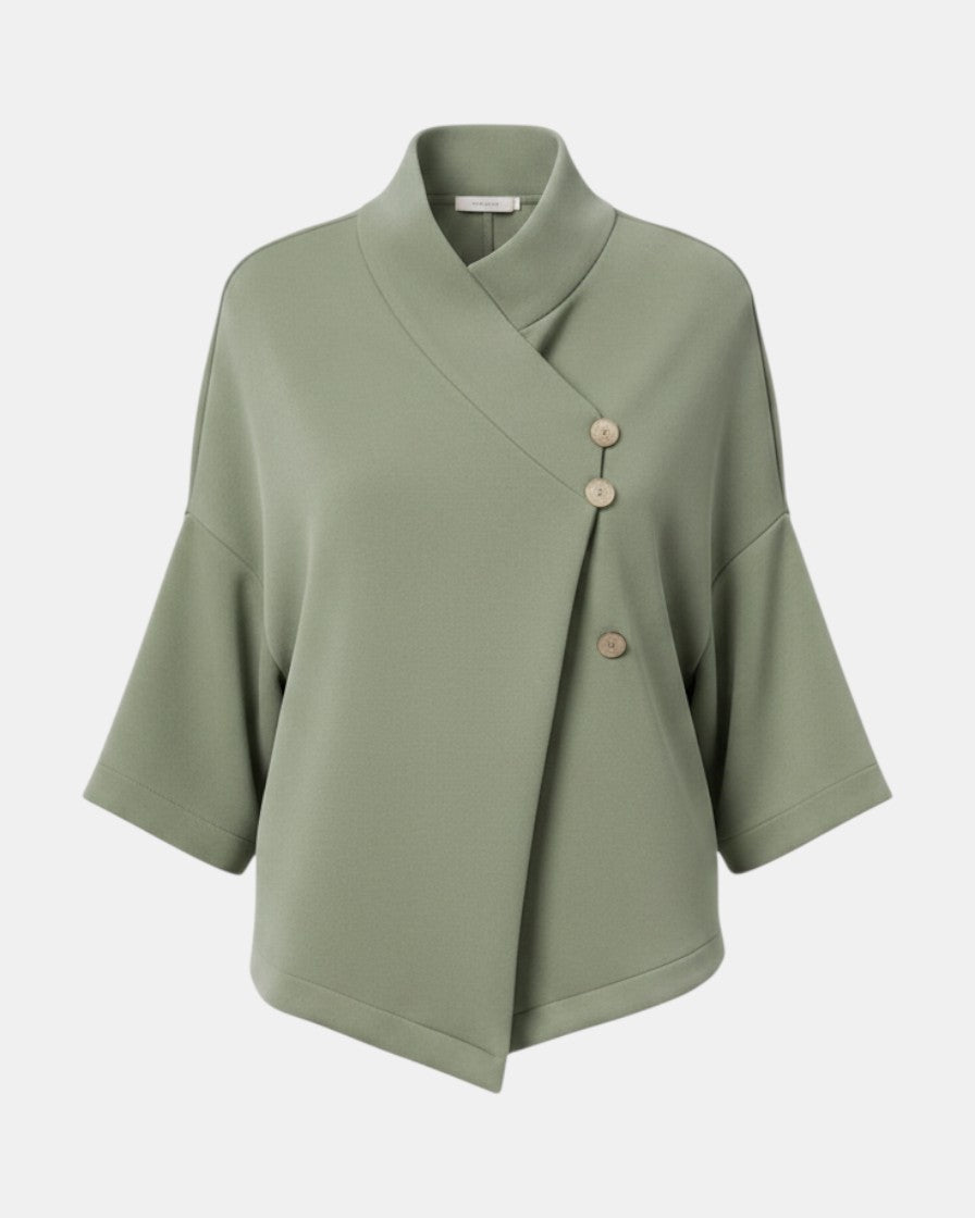 LEEZZA LOTUS EATERS AGONION sage green oversized modal jersey vest with asymmetrical button closure and wide sleeves