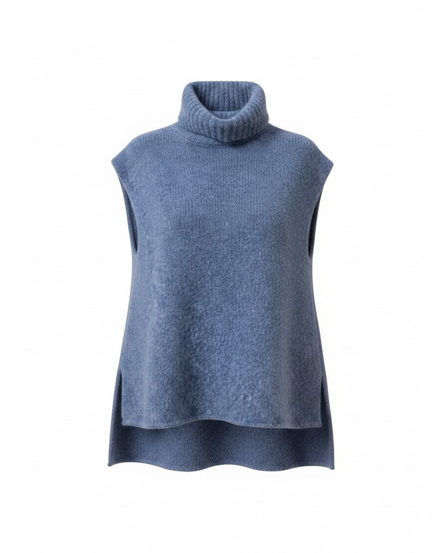 LEEZZA LOTUS EATERS WALLA sleeveless blue wool-blend pullover with a high turtleneck and a longer back hem.