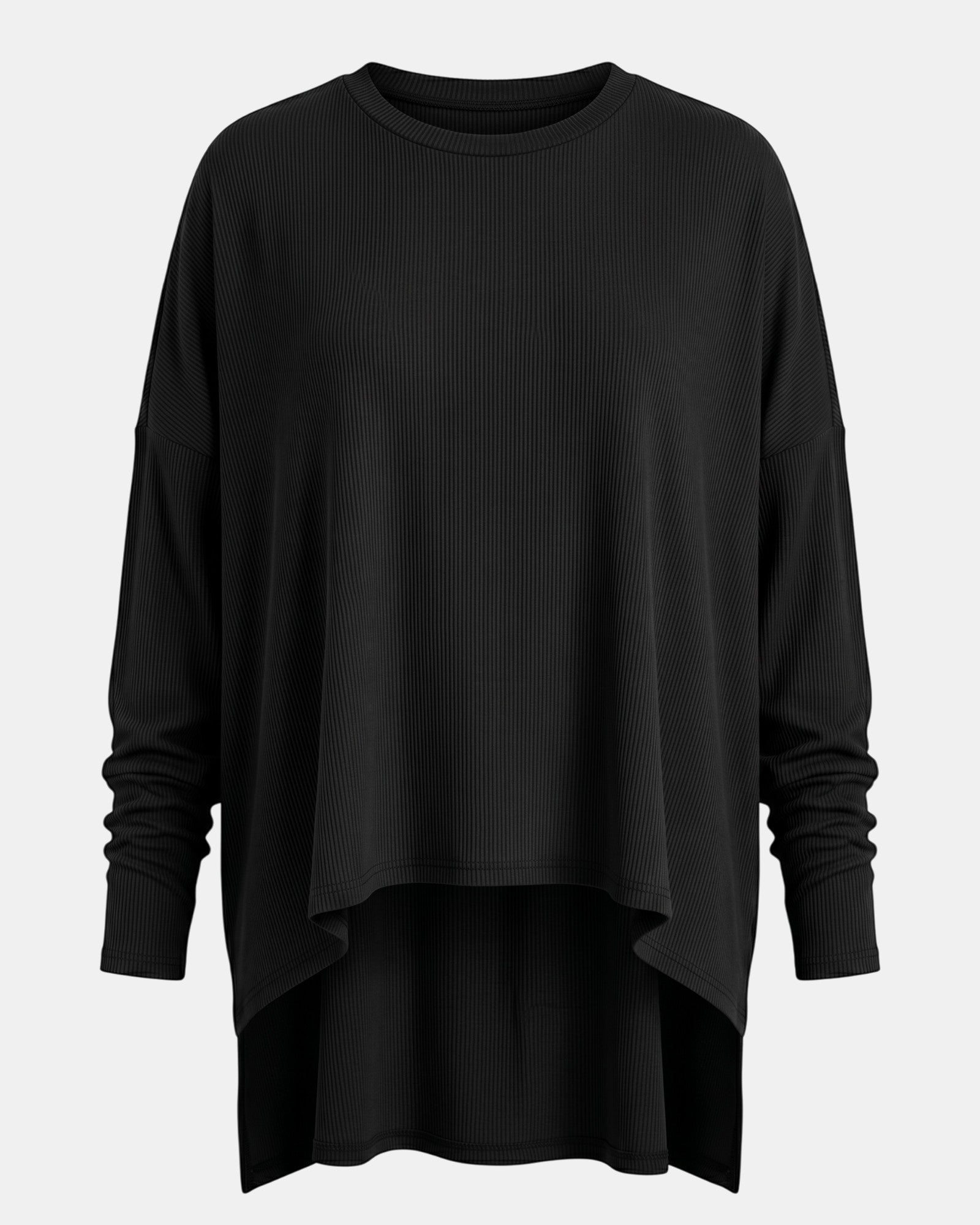 LEEZZA SORT AARHUS black oversized organic cotton jersey top with a round neck and high-low hemline.
